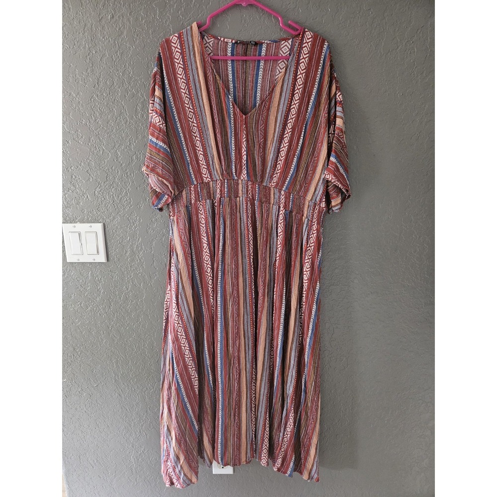 BloomChic Boho Tribal Stripe Maxi Dress Plus‎ Size 22-24 V-Neck Smocked Pocket